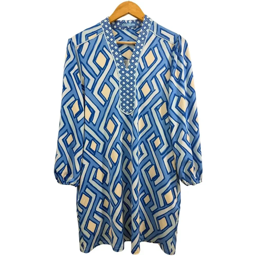 J McLaughlin Emer Dress M Blue Geo Print V-Neck 3/4 Sleeve Midi Casual Resort - Picture 2 of 9